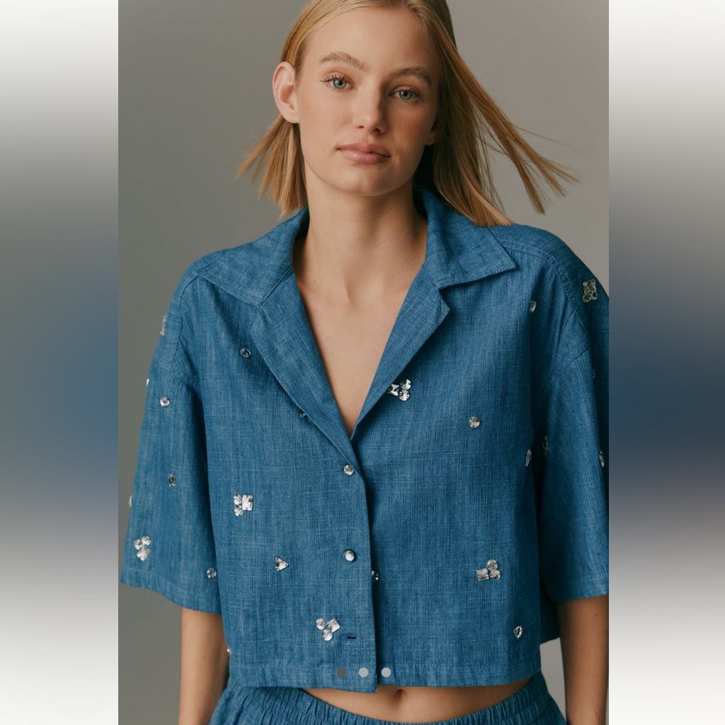 Maeve By Anthropologie Embellished Blue Short-Sleeve Chambray Button Front Top